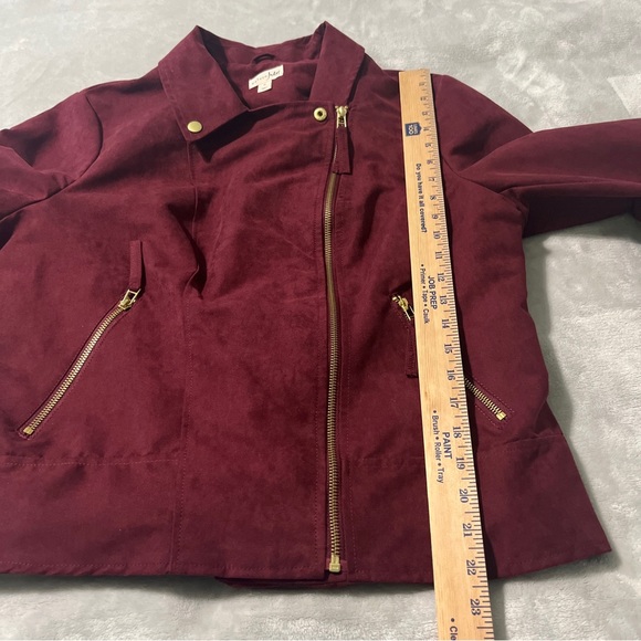 Maison Jules XL Women's Faux Suede Moto Jacket Maroon With Gold Zippers - Picture 10 of 12